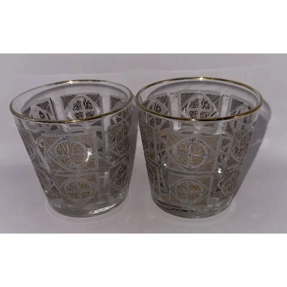 2 Libbey Old Fashion Glasses 8oz Gold & Frosted Geometric Cocktail Barware 3.25